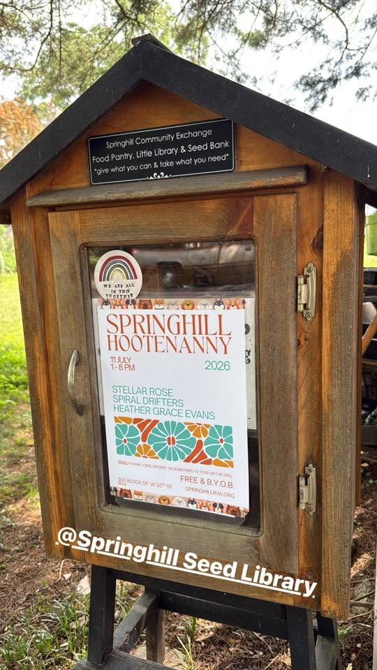 Springhill Community Exchange at 517 W 20th St — food pantry, little library, and seed bank with Hootenanny flyer in the window